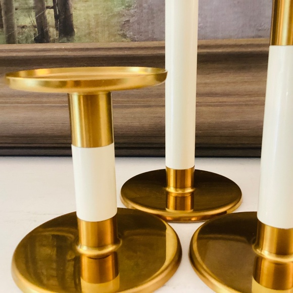 set of 3 IKEA Glittrig candlesticks gold and ivory Discontinued Tapered Pillar - Picture 5 of 13